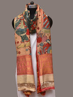 Multicolor Kalamkari Hand Painted Kanchipuram Silk Handloom Dupatta with Krishna Design - Global Threads