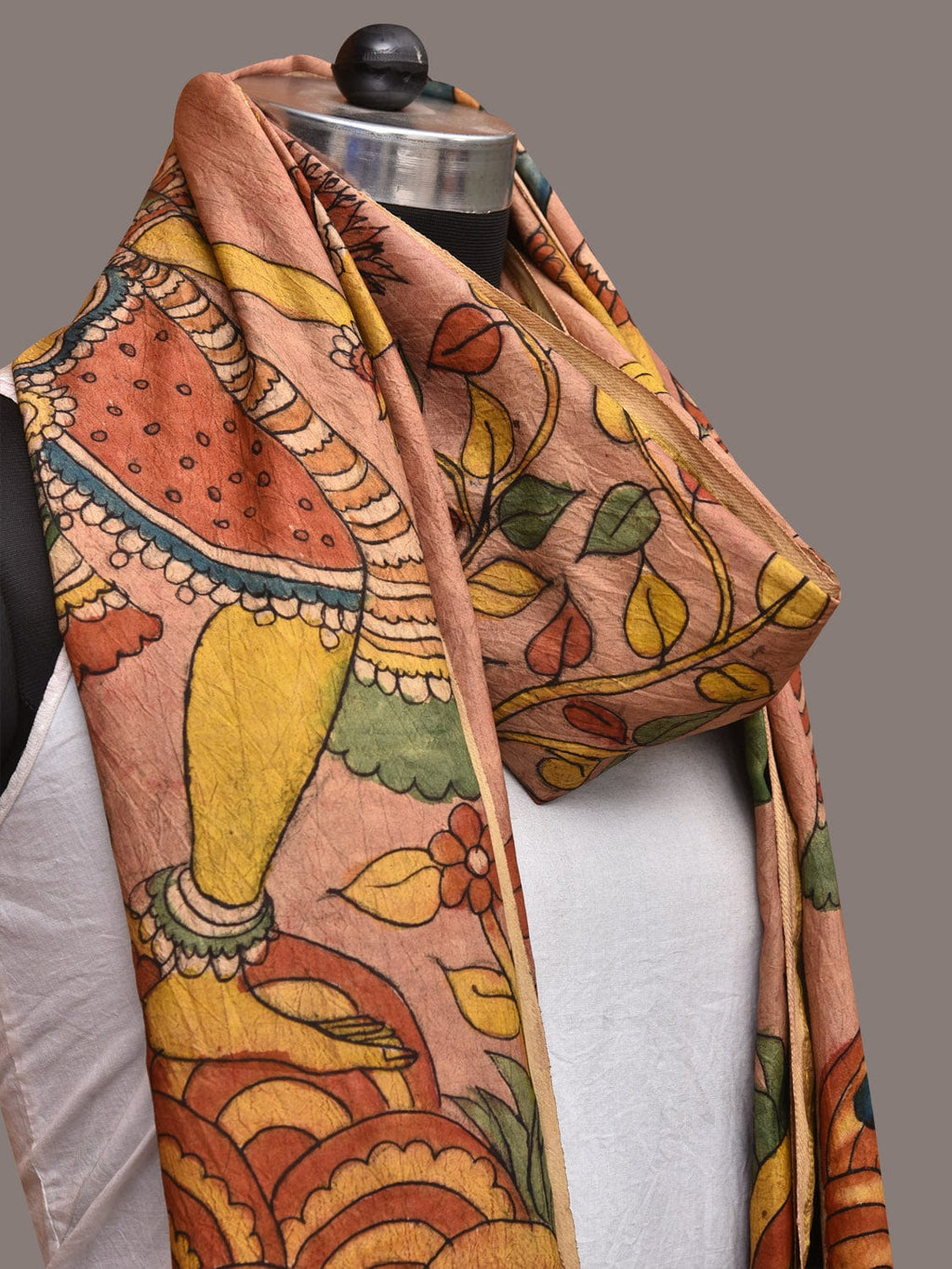 Multicolor Kalamkari Hand Painted Kanchipuram Silk Handloom Dupatta with Krishna Design - Global Threads
