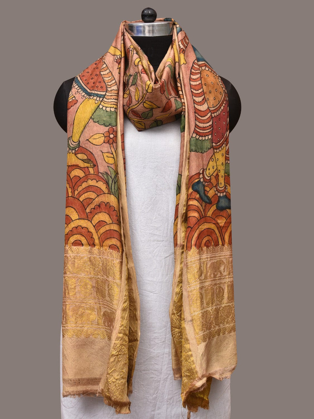 Multicolor Kalamkari Hand Painted Kanchipuram Silk Handloom Dupatta with Krishna Design - Global Threads