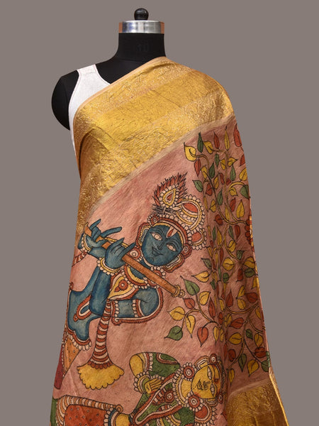 Multicolor Kalamkari Hand Painted Kanchipuram Silk Handloom Dupatta with Krishna Design - Global Threads