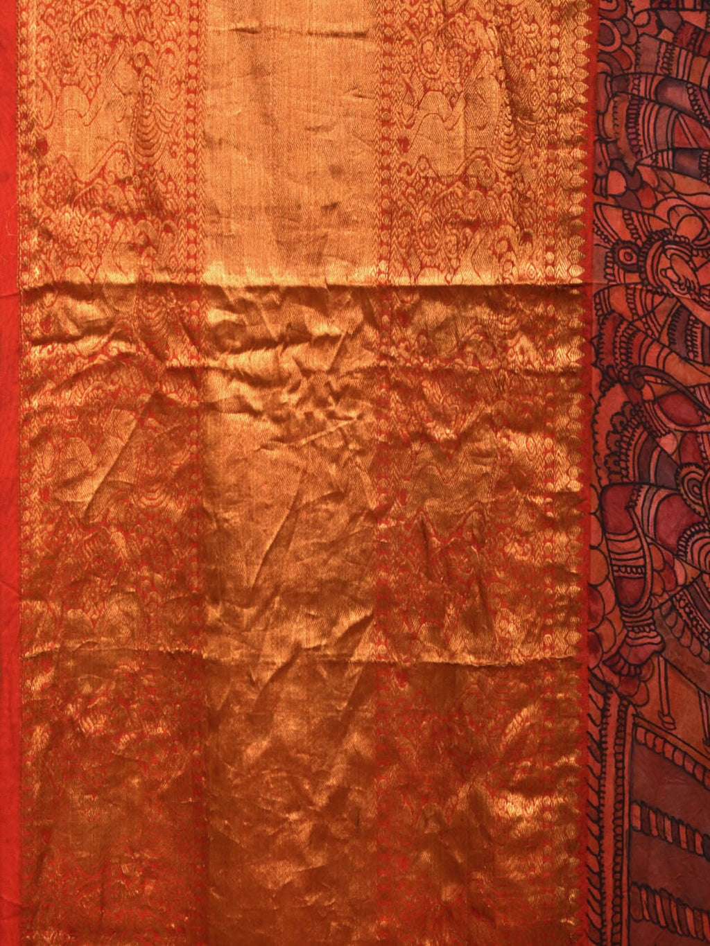 Multicolor Kalamkari Hand Painted Kanchipuram Silk Handloom Saree with Ramayana Design - Global Threads