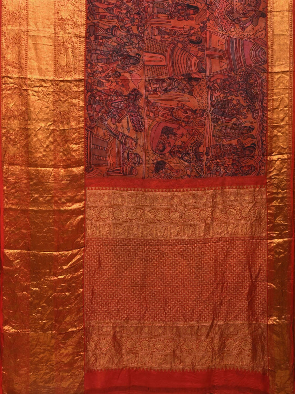 Multicolor Kalamkari Hand Painted Kanchipuram Silk Handloom Saree with Ramayana Design - Global Threads