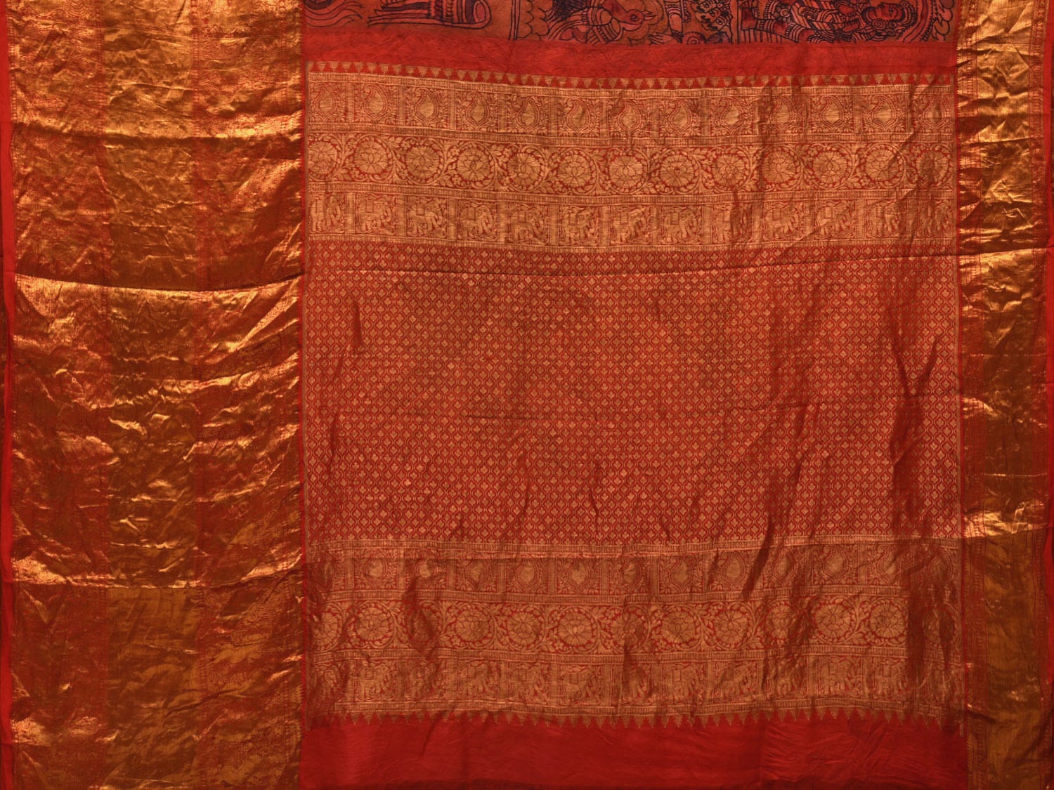 Multicolor Kalamkari Hand Painted Kanchipuram Silk Handloom Saree with Ramayana Design - Global Threads