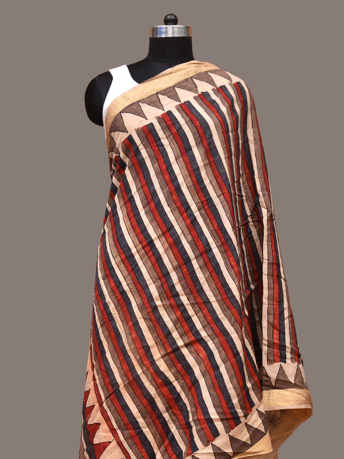 Multicolor Kalamkari Hand Painted Sico Handloom Dupatta with Strips Design - Global Threads