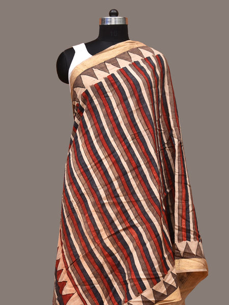 Multicolor Kalamkari Hand Painted Sico Handloom Dupatta with Strips Design - Global Threads