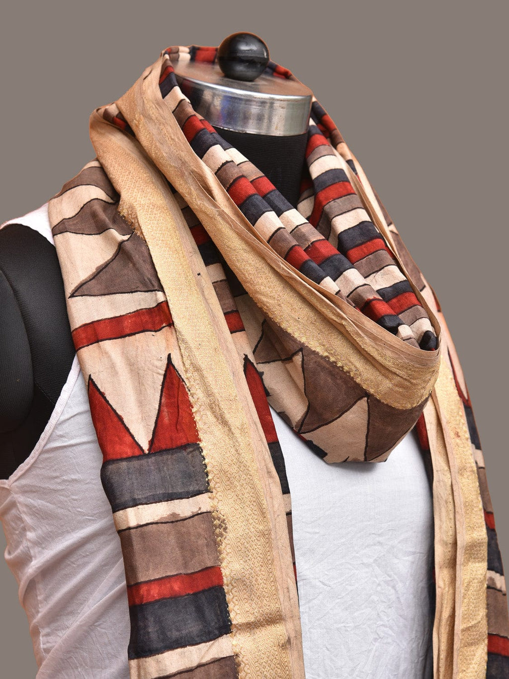 Multicolor Kalamkari Hand Painted Sico Handloom Dupatta with Strips Design - Global Threads