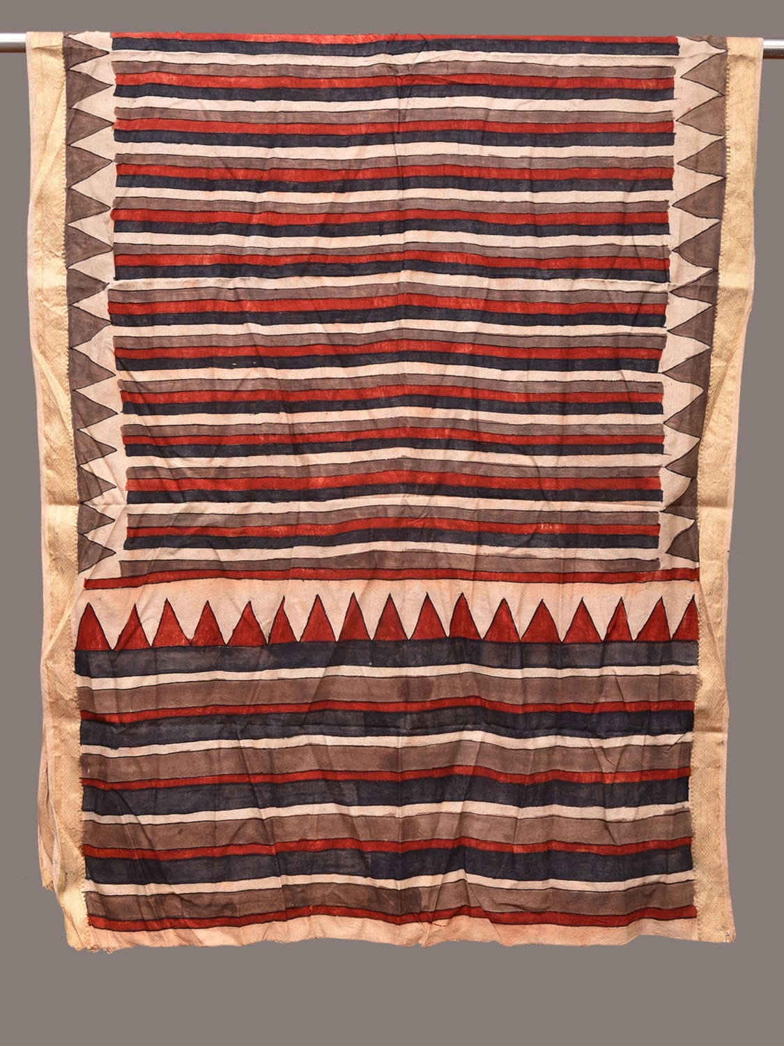 Multicolor Kalamkari Hand Painted Sico Handloom Dupatta with Strips Design - Global Threads