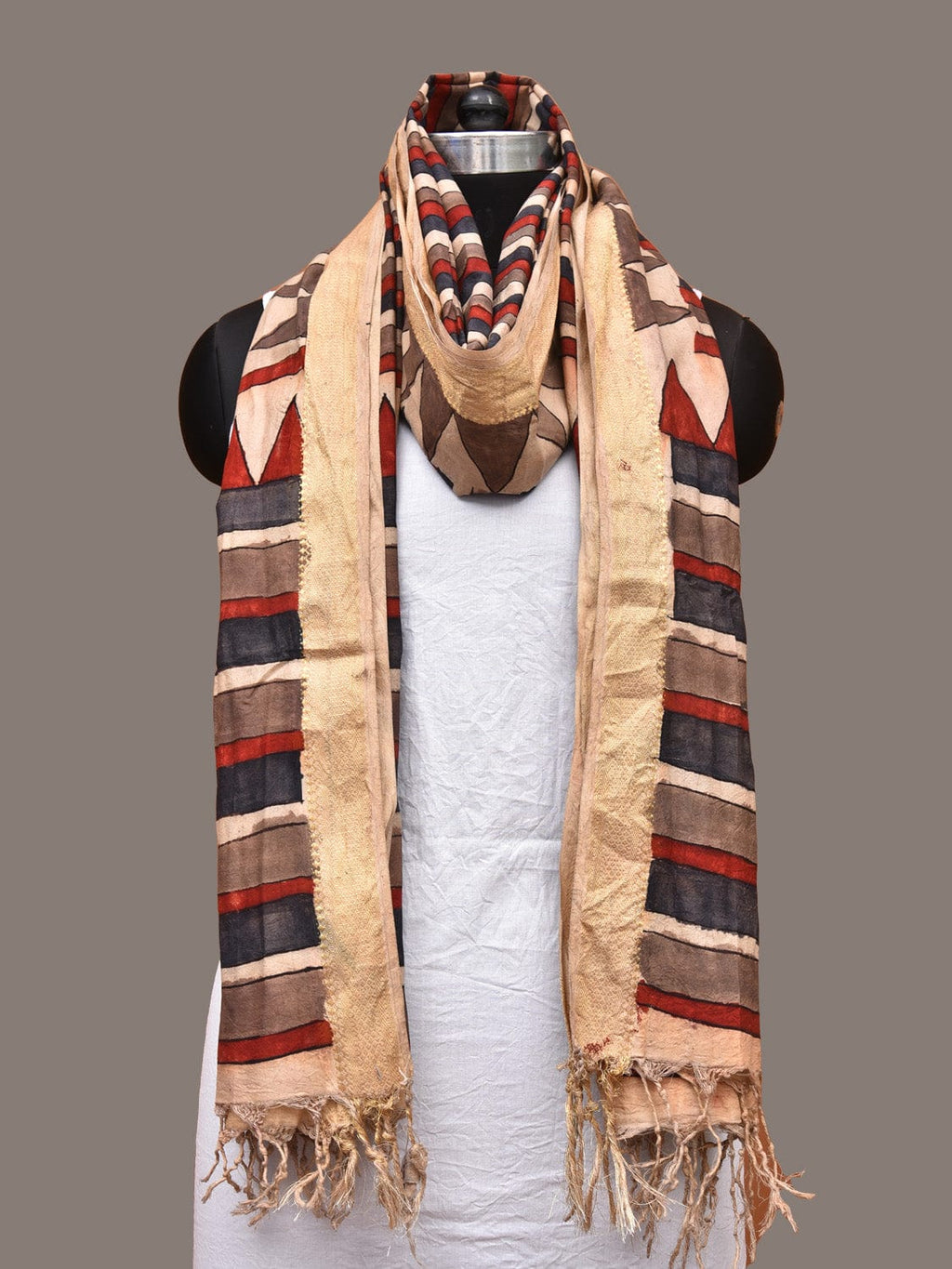 Multicolor Kalamkari Hand Painted Sico Handloom Dupatta with Strips Design - Global Threads