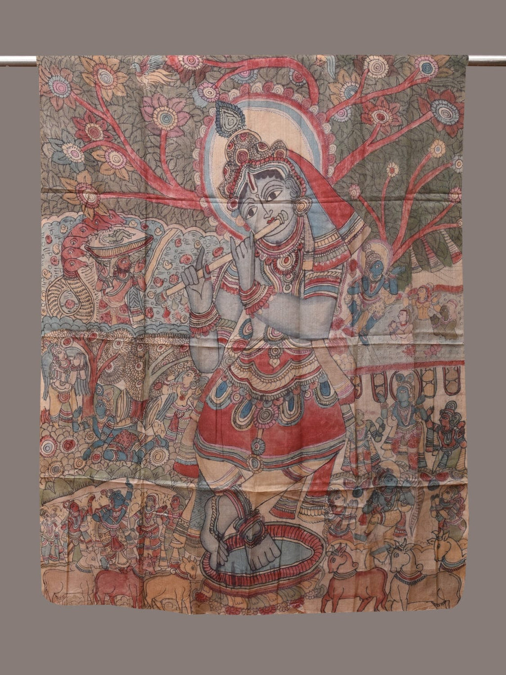 Multicolor Kalamkari Hand Painted Tussar Handloom Dupatta with Krishna Design - Global Threads
