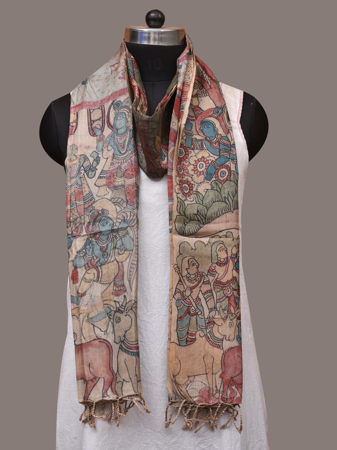 Multicolor Kalamkari Hand Painted Tussar Handloom Dupatta with Krishna Design - Global Threads