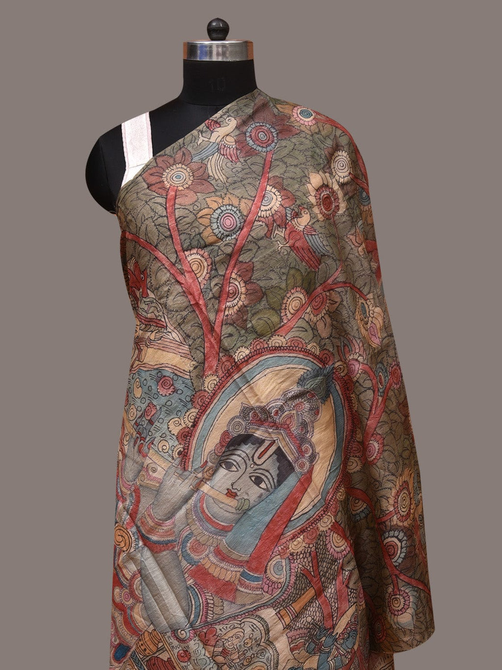 Multicolor Kalamkari Hand Painted Tussar Handloom Dupatta with Krishna Design - Global Threads