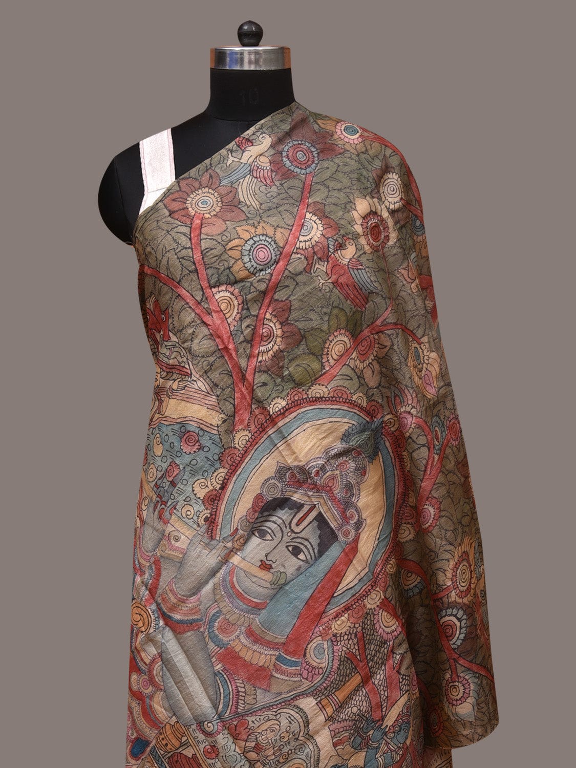 Multicolor Kalamkari Hand Painted Tussar Handloom Dupatta with Krishna Design - Global Threads