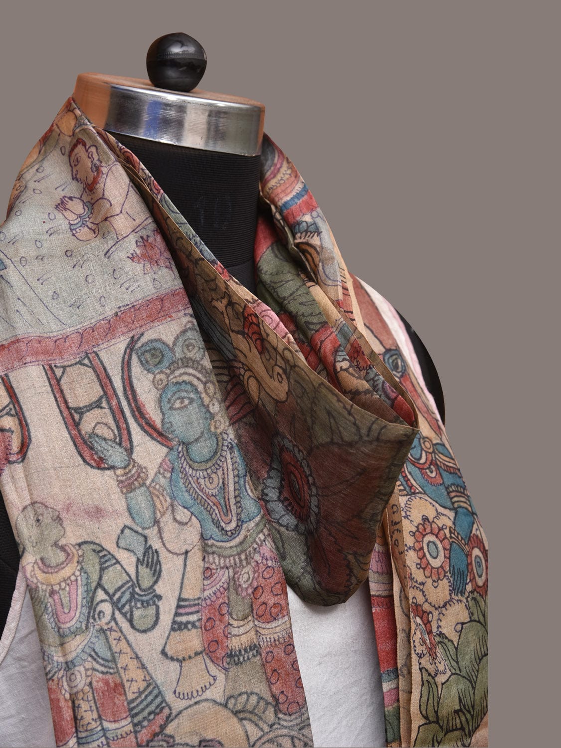 Multicolor Kalamkari Hand Painted Tussar Handloom Dupatta with Krishna Design - Global Threads