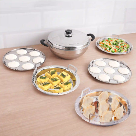 The Indus Valley 14 Pit Tri-Steel Multi Pot Premium Stainless Steel Idli/ Dhokla/ Momo Maker/  Veg Steaming Set, Tri-ply Induction Bottom, 5 Plates, 4.2L, 2.5kg