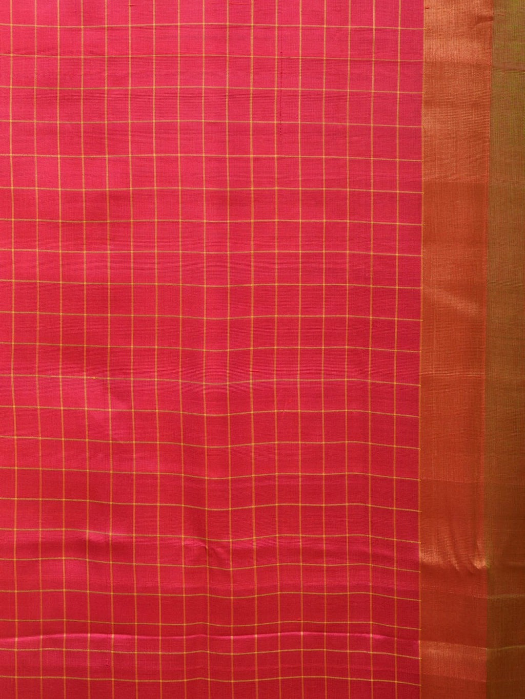 Mustard and Pink Uppada Silk Handloom Saree with Body Buta and Checks Border Design - Global Threads