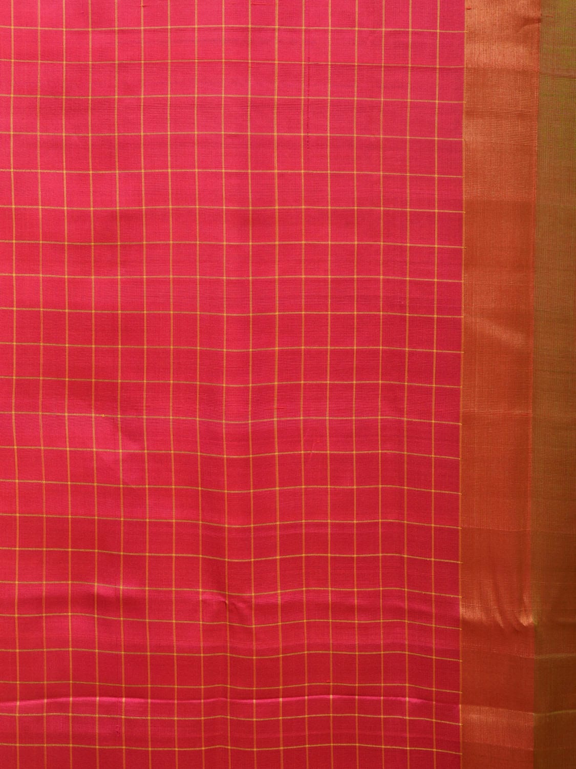 Mustard and Pink Uppada Silk Handloom Saree with Body Buta and Checks Border Design - Global Threads