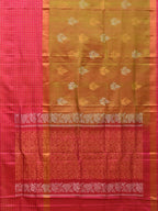 Mustard and Pink Uppada Silk Handloom Saree with Body Buta and Checks Border Design - Global Threads