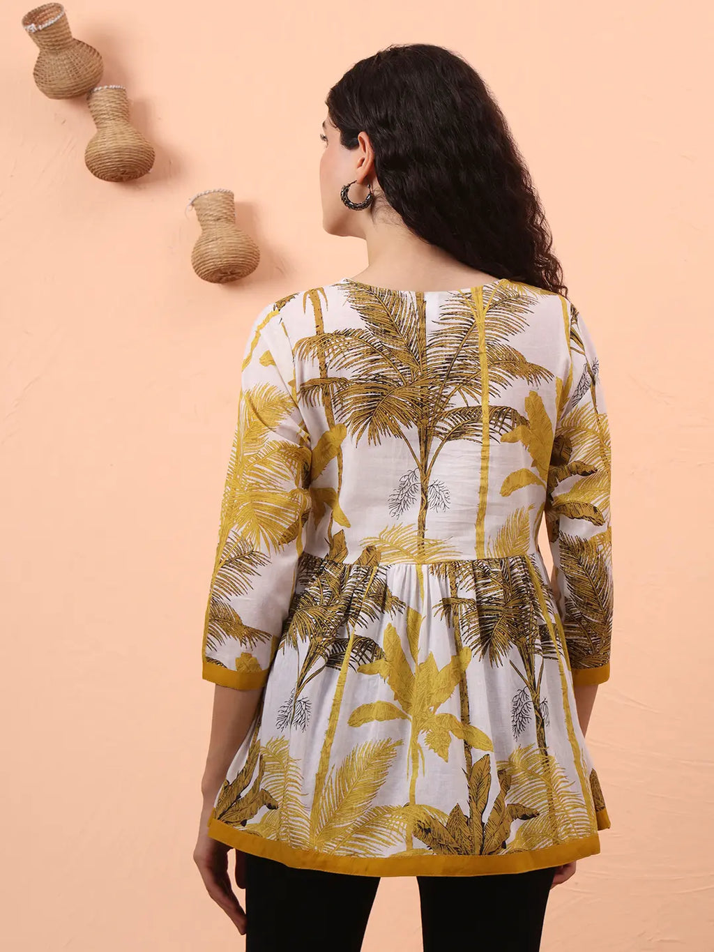 Yufta Mustard And White Cotton Gathered Or Pleated Angrakha Top