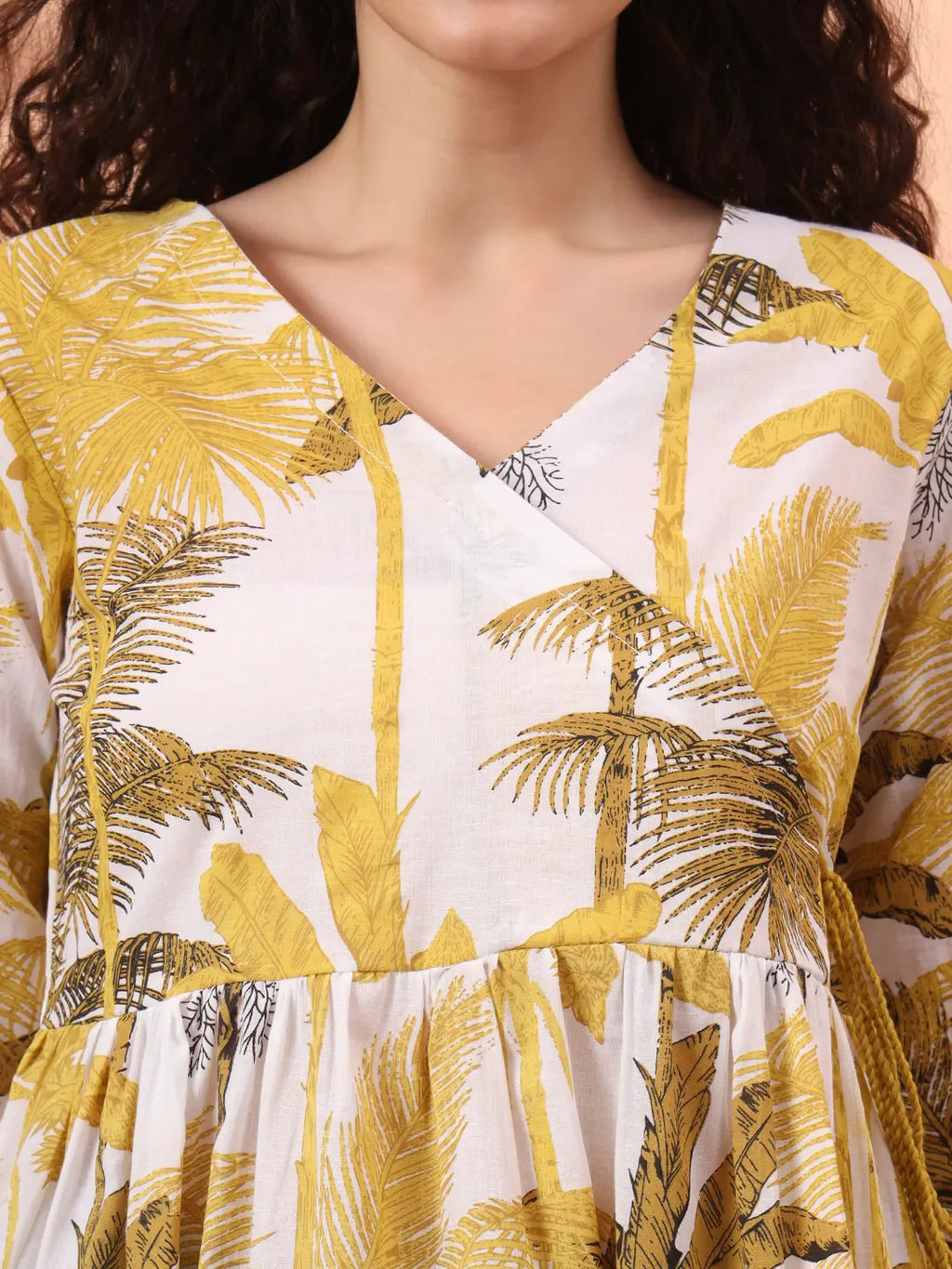 Yufta Mustard And White Cotton Gathered Or Pleated Angrakha Top