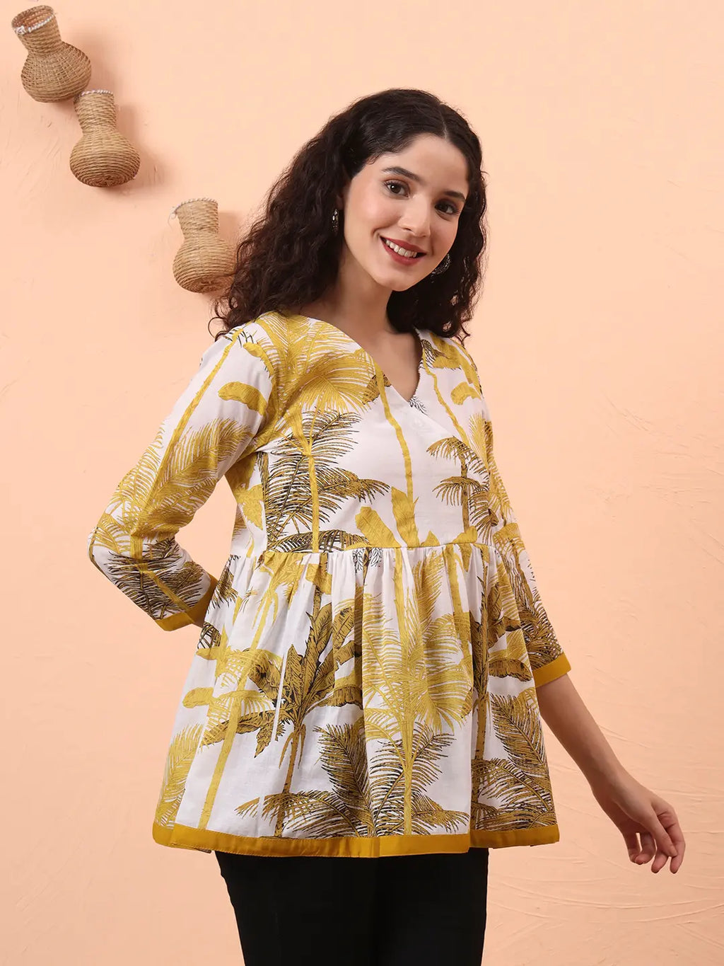 Yufta Mustard And White Cotton Gathered Or Pleated Angrakha Top