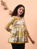 Yufta Mustard And White Cotton Gathered Or Pleated Angrakha Top