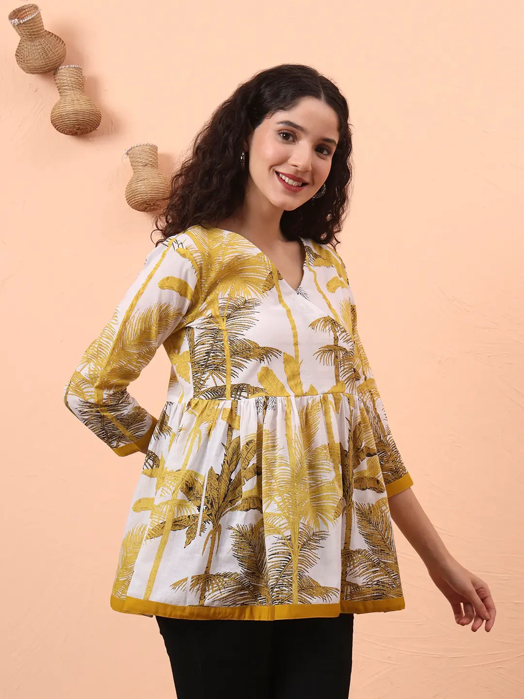 Yufta Mustard And White Cotton Gathered Or Pleated Angrakha Top