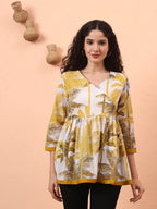 Yufta Mustard And White Cotton Gathered Or Pleated Angrakha Top