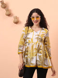 Yufta Mustard And White Cotton Gathered Or Pleated Angrakha Top