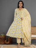 Yufta Mustard Beads & Stones Cotton Anarkali Kurta Dupatta Pant Set