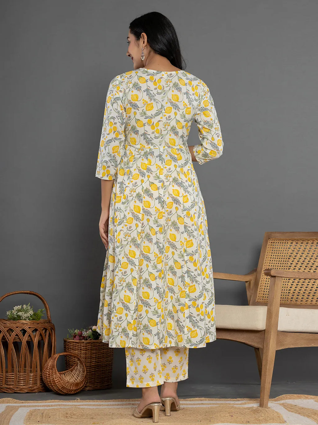 Yufta Mustard Beads & Stones Cotton Anarkali Kurta Dupatta Pant Set