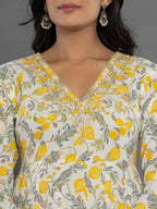 Yufta Mustard Beads & Stones Cotton Anarkali Kurta Dupatta Pant Set