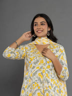 Yufta Mustard Beads & Stones Cotton Anarkali Kurta Dupatta Pant Set