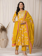 Yufta Mustard Cotton Dori_Embroidery Anarkali Kurta Dupatta Set
