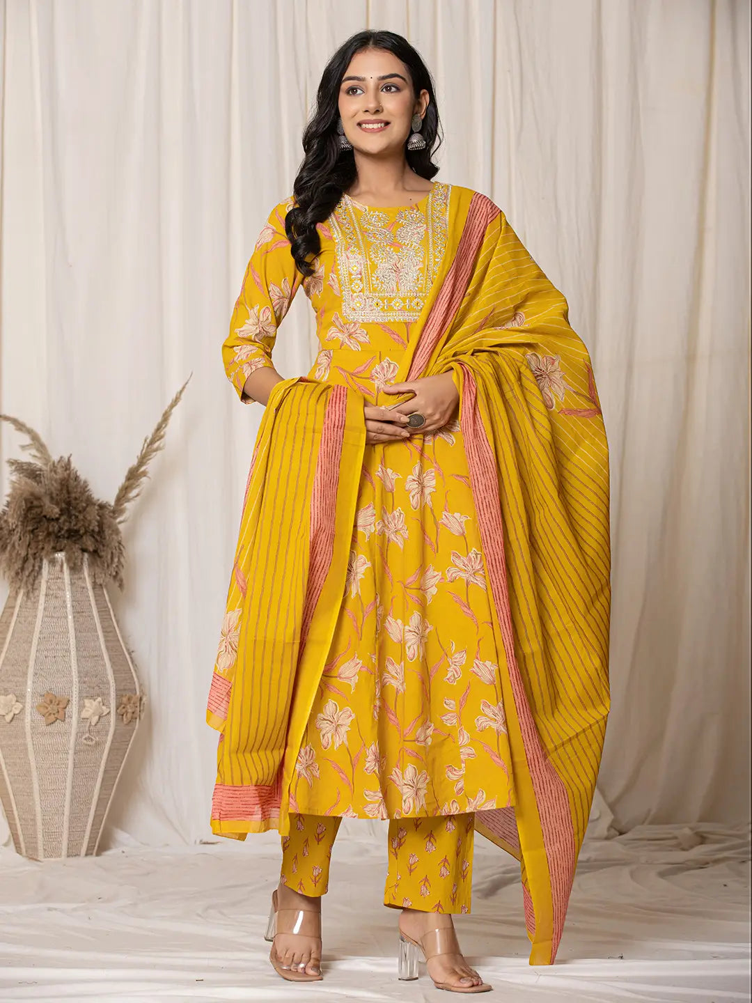 Yufta Mustard Cotton Dori_Embroidery Anarkali Kurta Dupatta Set