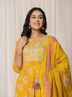 Yufta Mustard Cotton Dori_Embroidery Anarkali Kurta Dupatta Set
