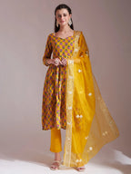 Yufta Mustard Cotton Gotta Work Kurta Set With Pant & Dupatta