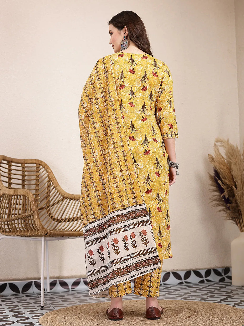 Yufta Mustard Cotton Lace Work On Yoke Straight Kurta Dupatta Pant Set