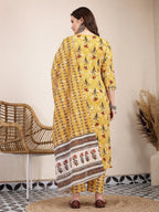 Yufta Mustard Cotton Lace Work On Yoke Straight Kurta Dupatta Pant Set