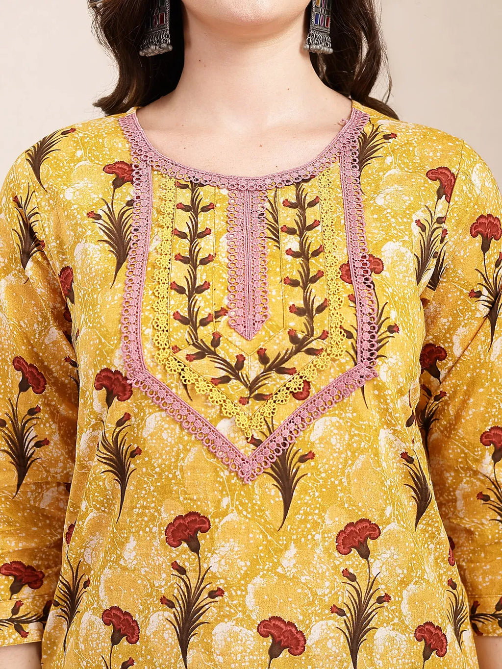 Yufta Mustard Cotton Lace Work On Yoke Straight Kurta Dupatta Pant Set