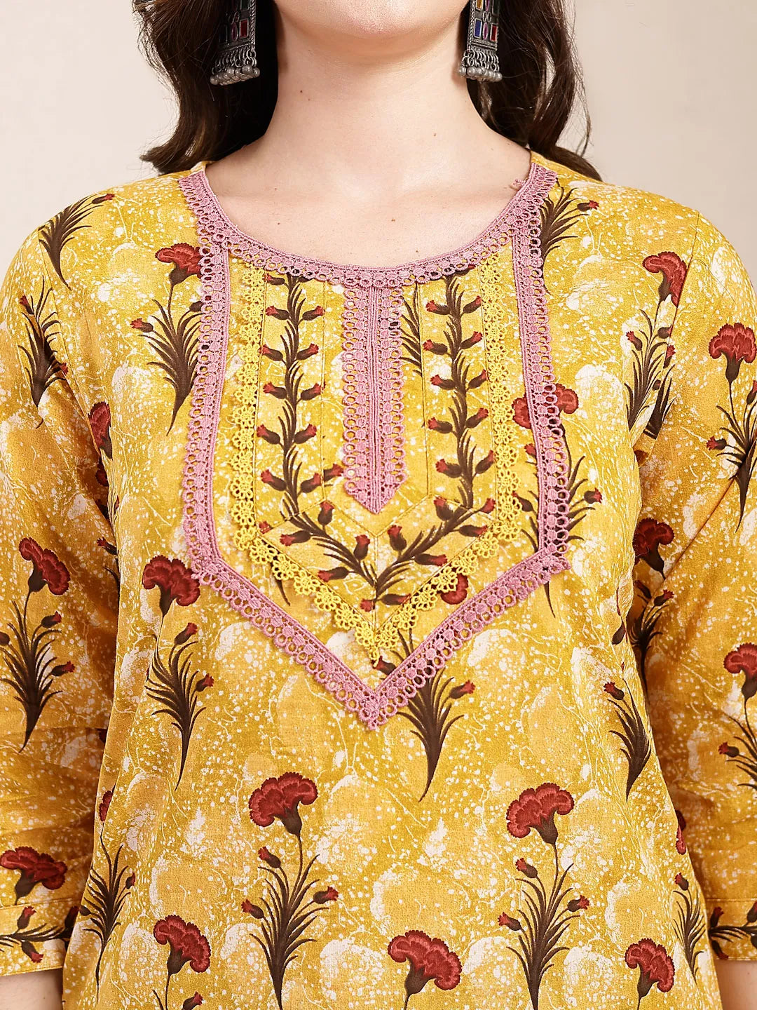 Yufta Mustard Cotton Lace Work On Yoke Straight Kurta Dupatta Pant Set
