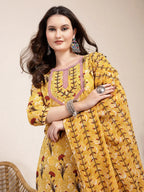 Yufta Mustard Cotton Lace Work On Yoke Straight Kurta Dupatta Pant Set