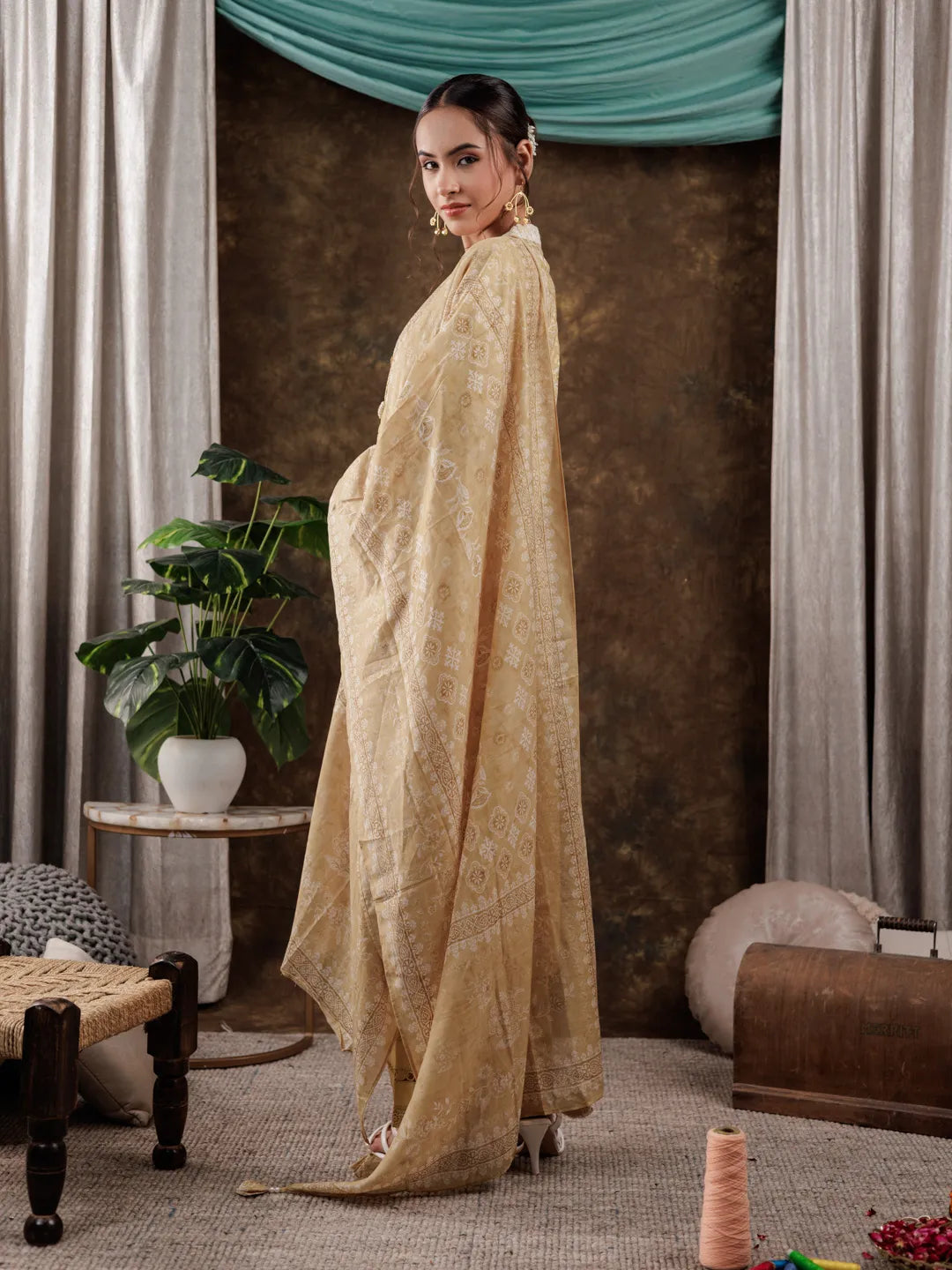 Yufta Mustard Cotton Schiffli Kurta Dupatta Set With Lace Detailing