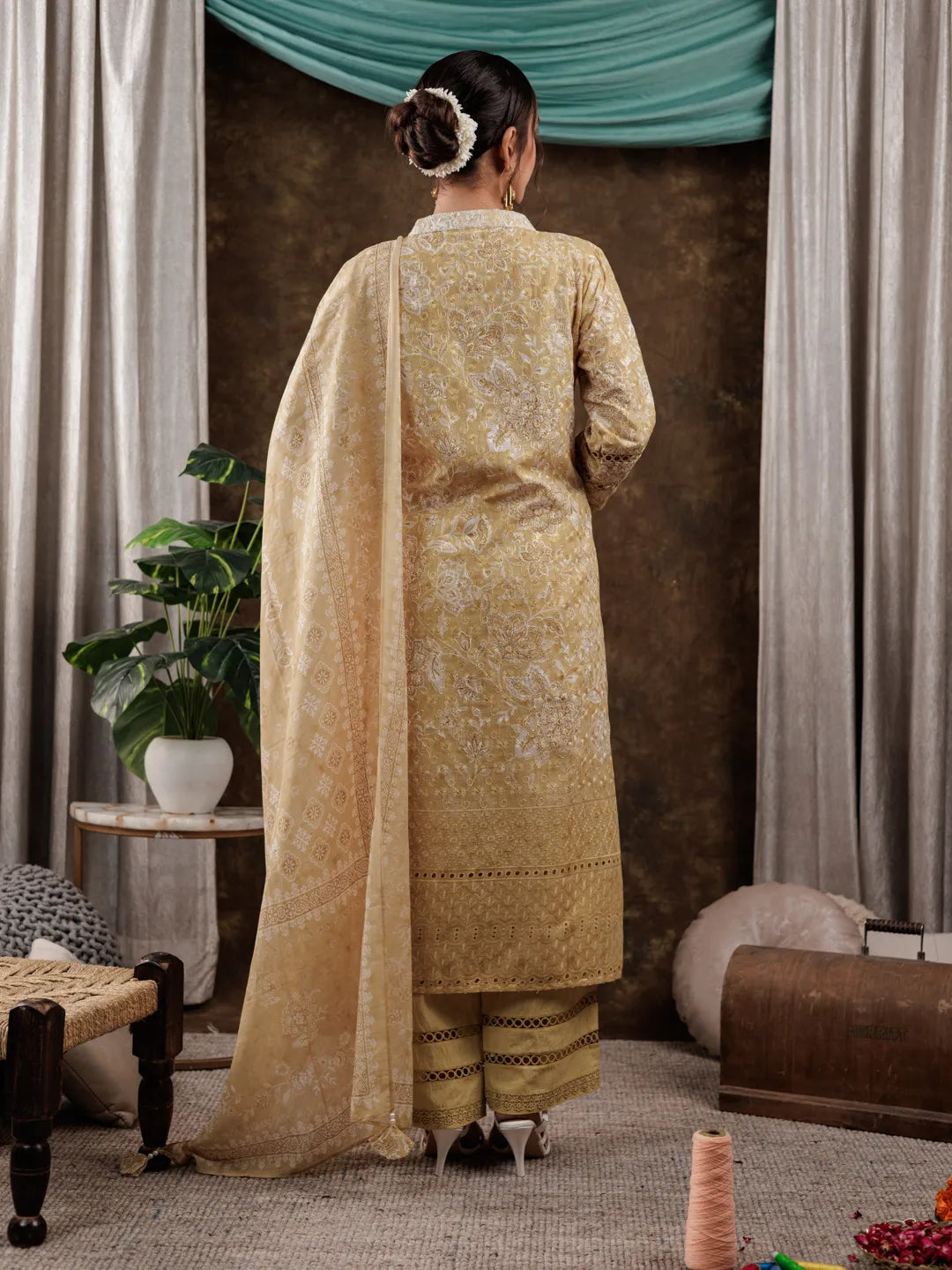 Yufta Mustard Cotton Schiffli Kurta Dupatta Set With Lace Detailing