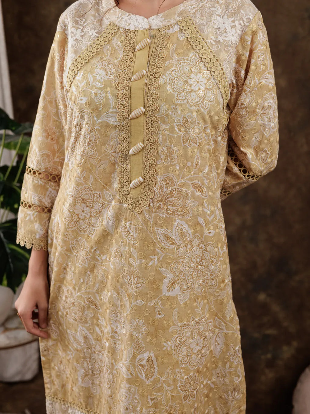 Yufta Mustard Cotton Schiffli Kurta Dupatta Set With Lace Detailing