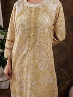 Yufta Mustard Cotton Schiffli Kurta Dupatta Set With Lace Detailing