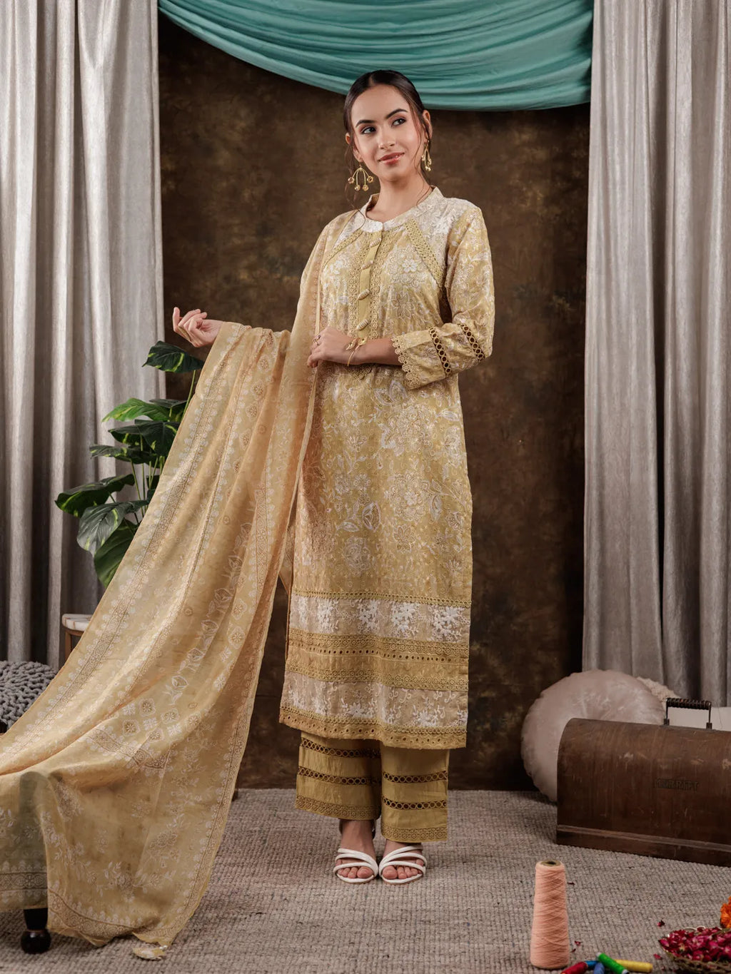 Yufta Mustard Cotton Schiffli Kurta Dupatta Set With Lace Detailing