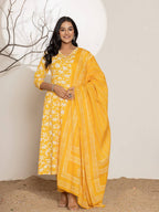 Yufta Mustard Embroidery Cotton Anarkali Suit Set