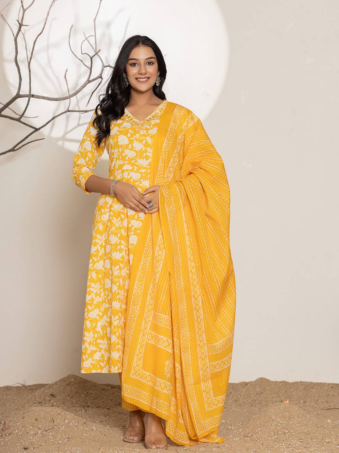 Yufta Mustard Embroidery Cotton Anarkali Suit Set