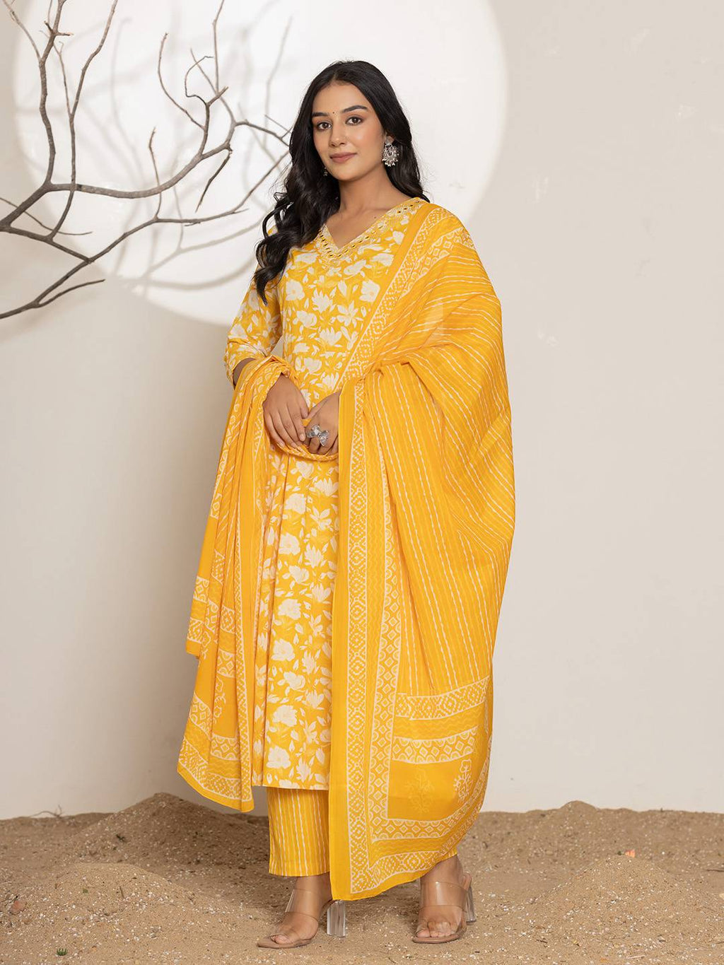 Yufta Mustard Embroidery Cotton Anarkali Suit Set