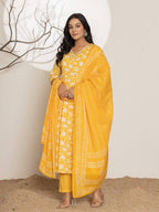 Yufta Mustard Embroidery Cotton Anarkali Suit Set